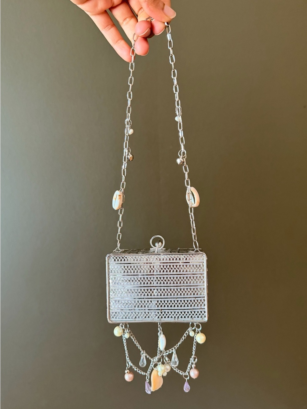 Silver Beaded Box Clutch with Shell & Crystal Accents - Picture 4 of 4